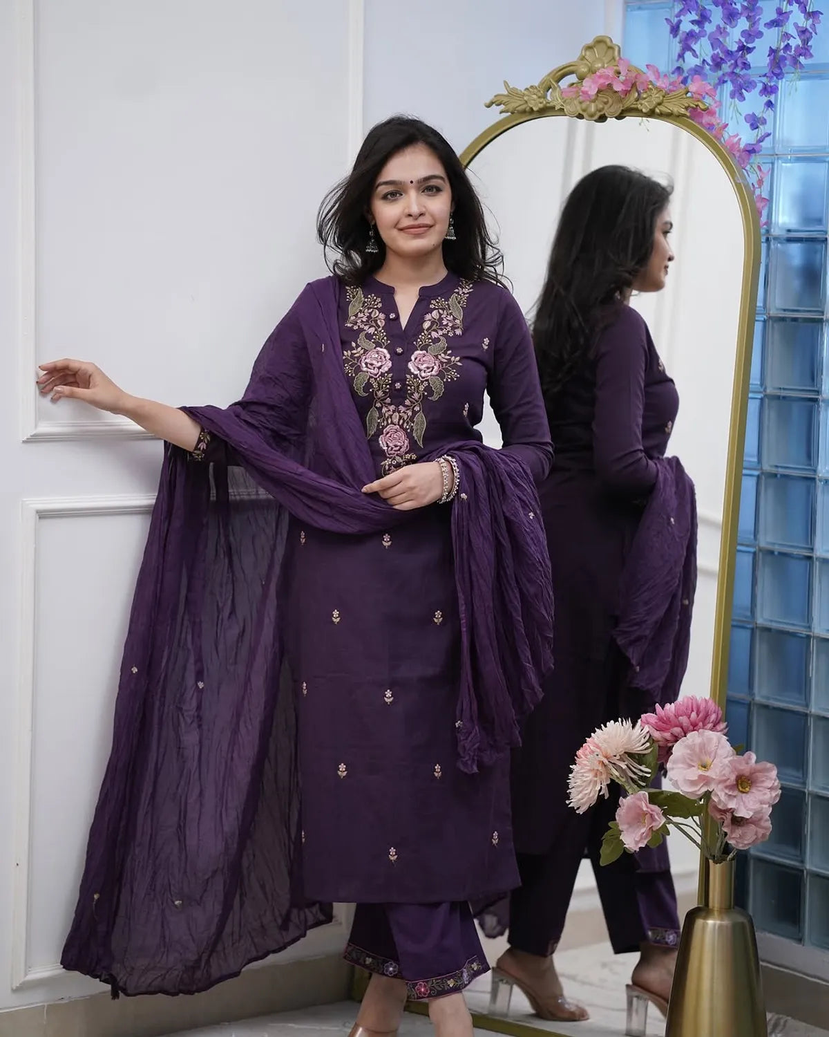 Trendy Women’s Purple Cotton Kurta Set with Elegant Embroidered Detailing and Coordinated Bottoms and Dupatta