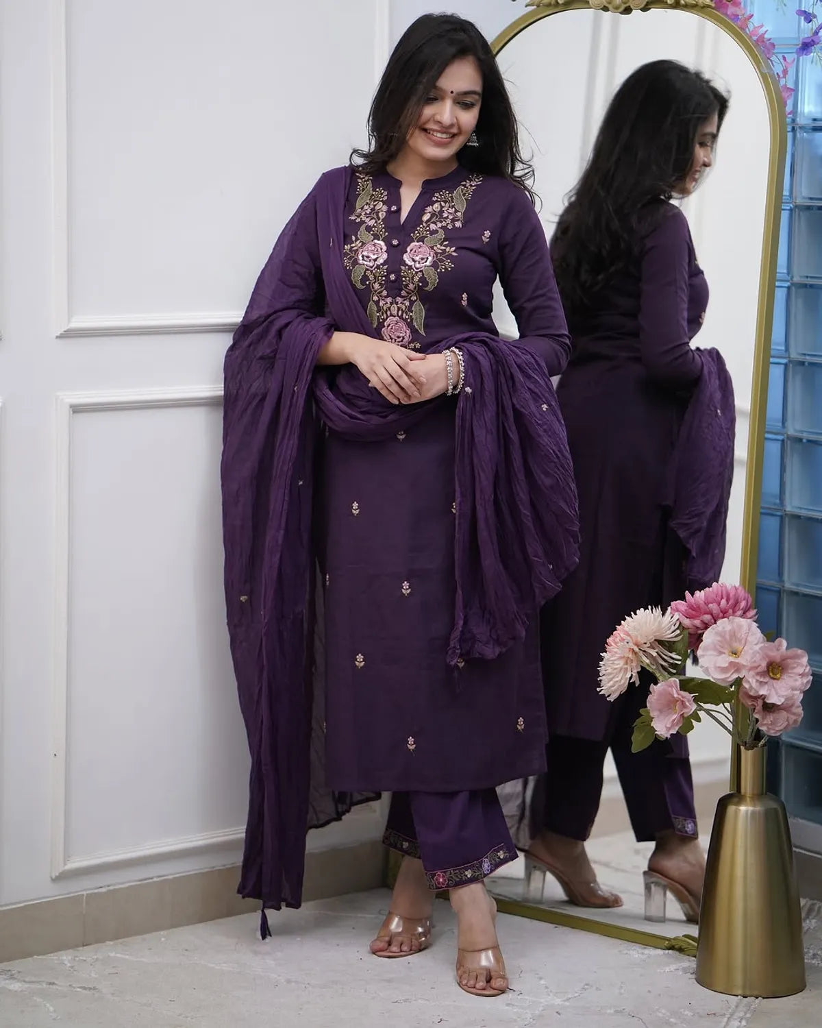 Trendy Women’s Purple Cotton Kurta Set with Elegant Embroidered Detailing and Coordinated Bottoms and Dupatta