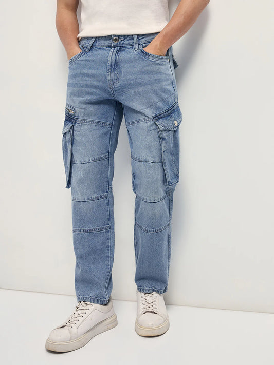 Versatile Light Blue Mid-Rise Straight Fit Cargo Jeans with Multiple Utility Pockets