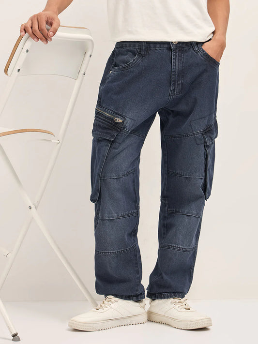 Men’s Everyday Wear Mid Blue Faded Straight Fit Cargo Jeans with Utility Pockets