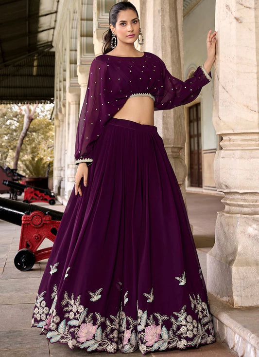 Luxurious Wine Georgette Lehenga with Designer Thread Embroidery and Crop Top for Glamorous Bridal Looks