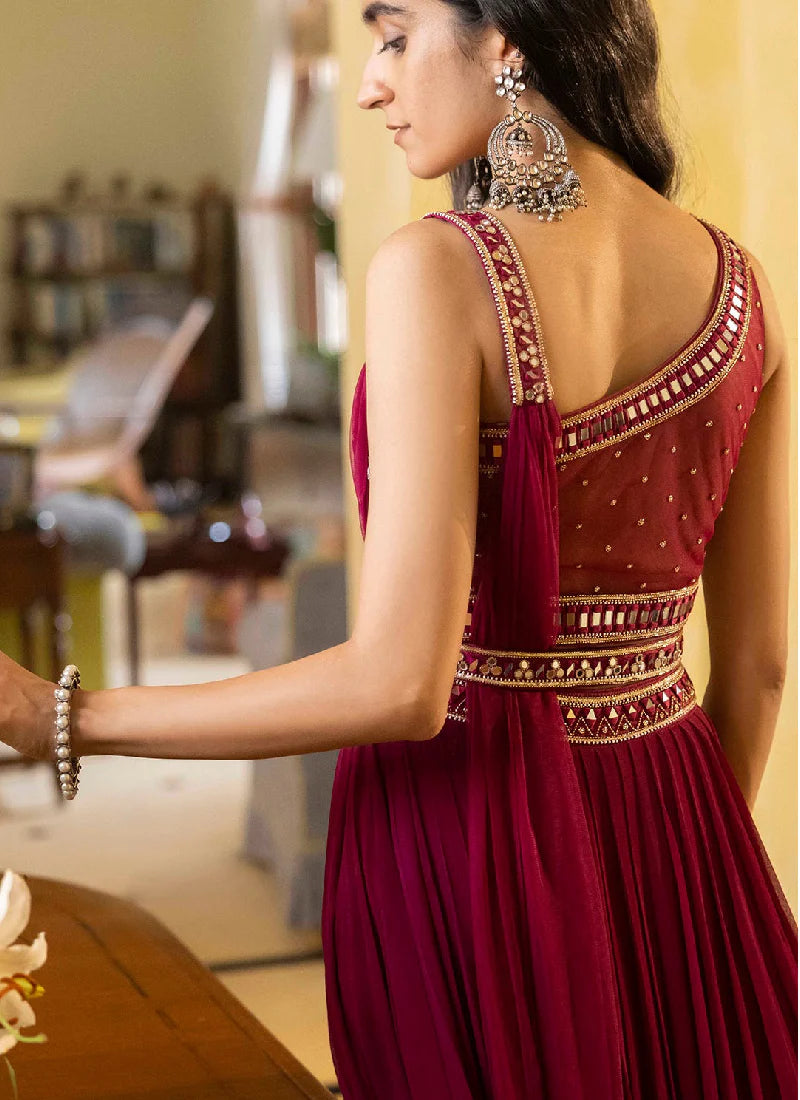 Wine Georgette Lehenga Choli with Mirror Embellishments – Party, Wedding, and Reception Wear