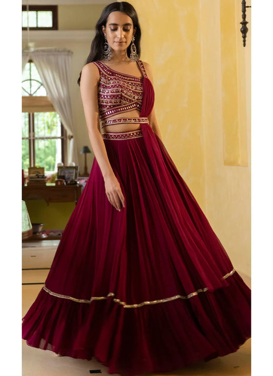 Wine Georgette Lehenga Choli with Mirror Embellishments – Party, Wedding, and Reception Wear