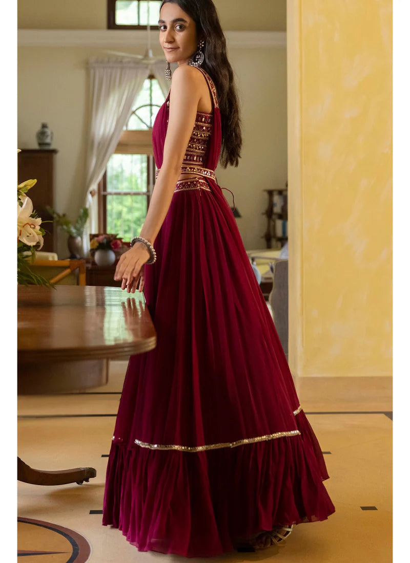 Wine Georgette Lehenga Choli with Mirror Embellishments – Party, Wedding, and Reception Wear