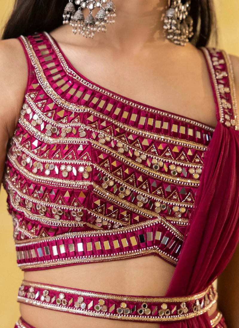 Wine Georgette Lehenga Choli with Mirror Embellishments – Party, Wedding, and Reception Wear
