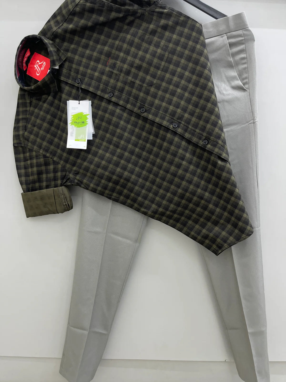 Professional Men’s Green Dot Check Shirt and Light Green Work Pant Outfit