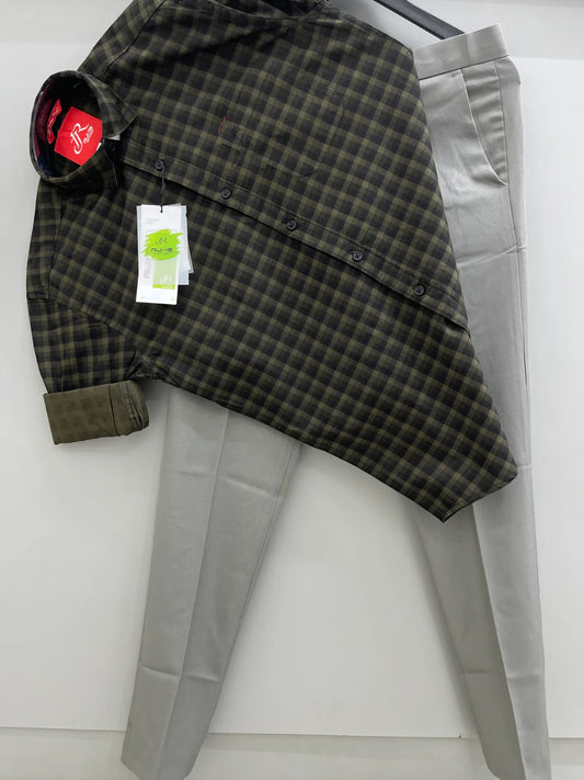 Professional Men’s Green Dot Check Shirt and Light Green Work Pant Outfit