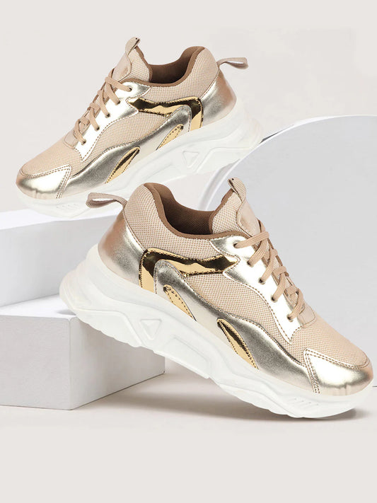 Golden Embellished Sneakers for Women Trendy Sporty Lace-Up Casual Footwear