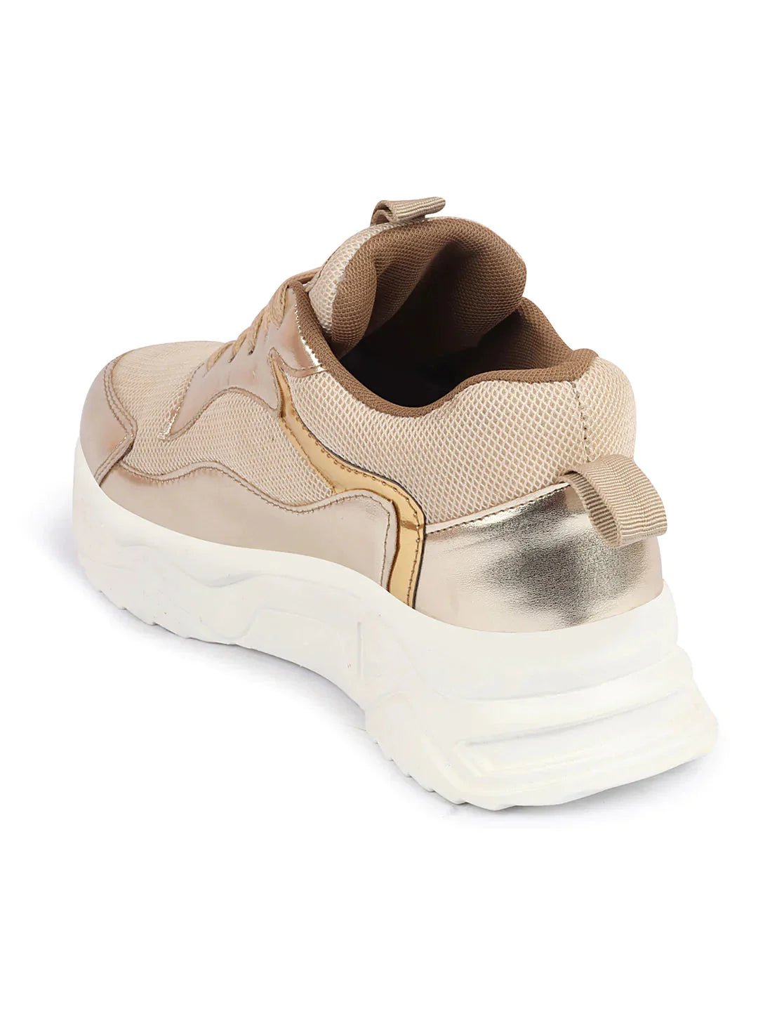 Golden Embellished Sneakers for Women Trendy Sporty Lace-Up Casual Footwear