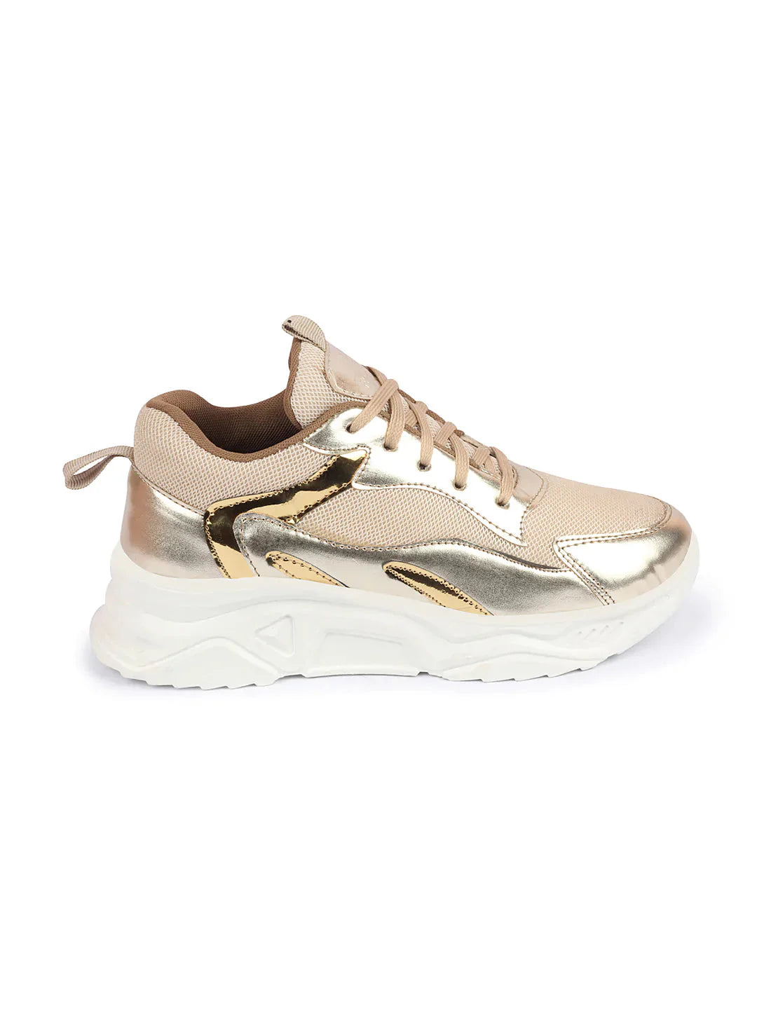 Golden Embellished Sneakers for Women Trendy Sporty Lace-Up Casual Footwear