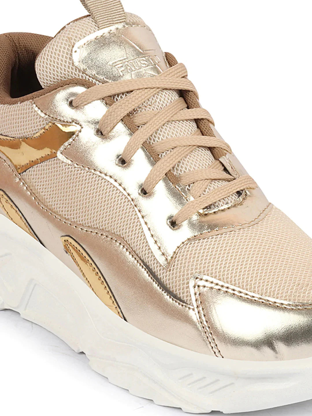 Golden Embellished Sneakers for Women Trendy Sporty Lace-Up Casual Footwear