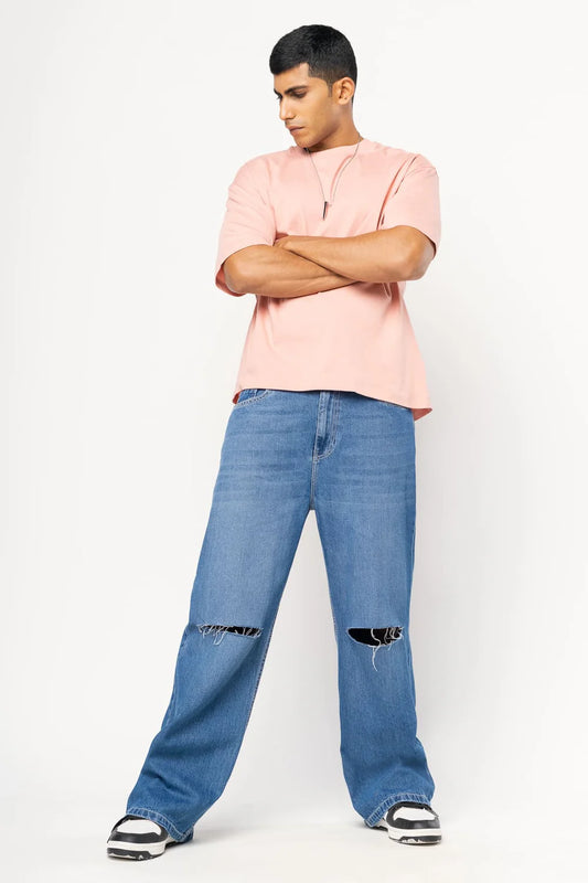 Casual Men’s Blue Jeans with Straight Fit, Baggy Style, and Knee Slit