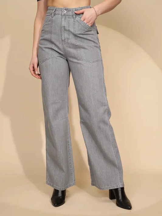 Trendy Women Grey Straight Loose Fit Cotton Jeans Ideal for Streetwear and Daily Fashion