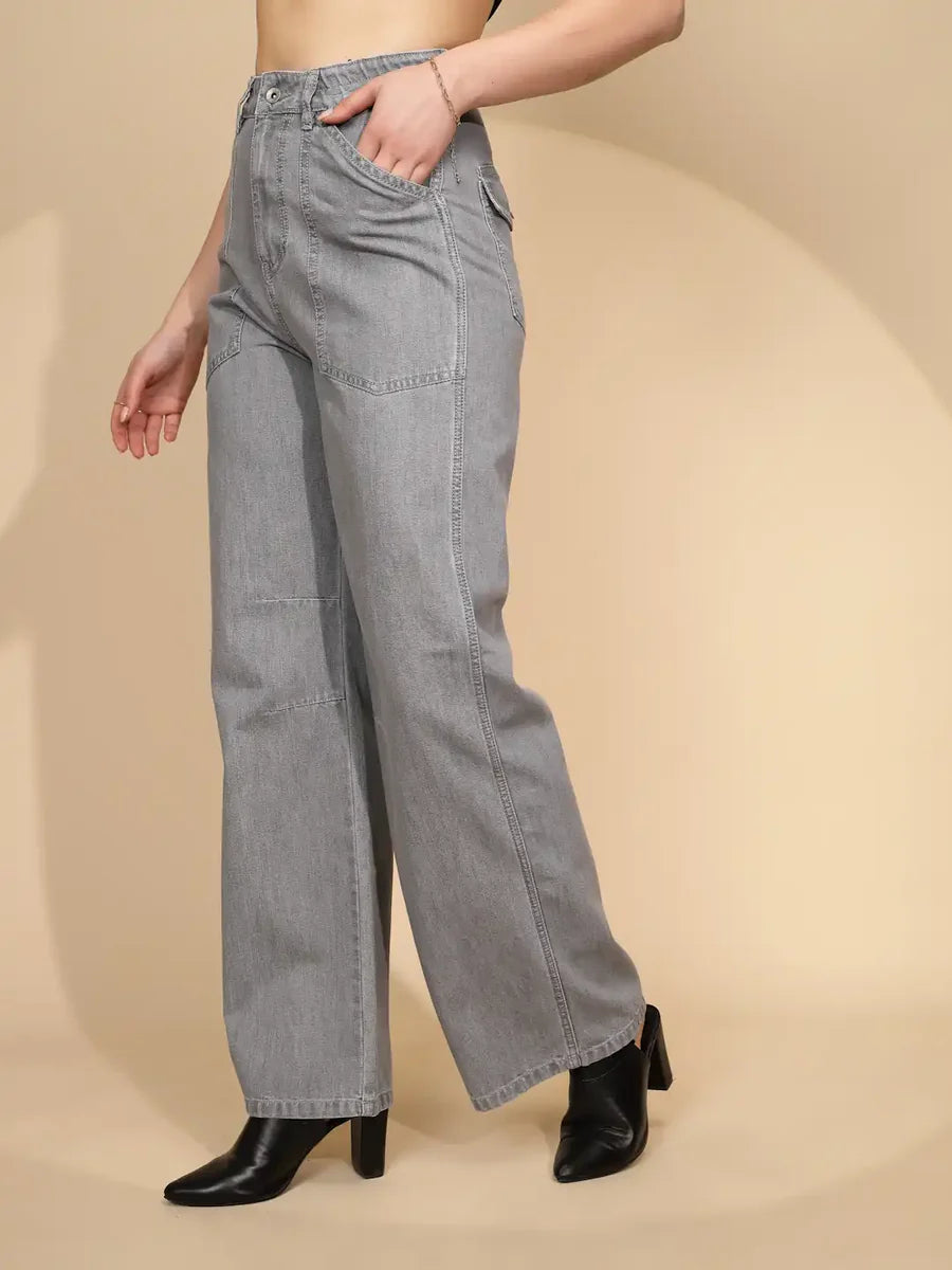 Trendy Women Grey Straight Loose Fit Cotton Jeans Ideal for Streetwear and Daily Fashion
