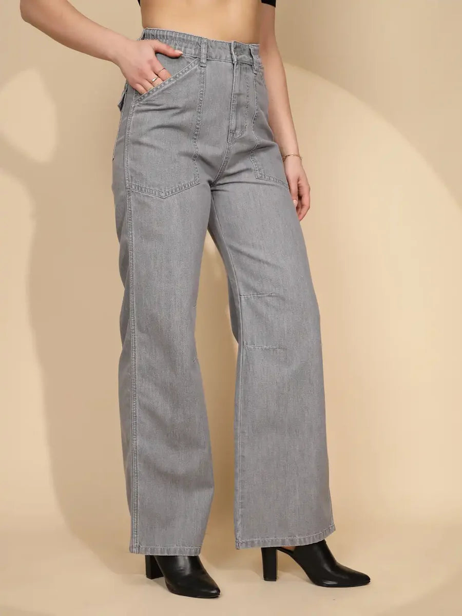Trendy Women Grey Straight Loose Fit Cotton Jeans Ideal for Streetwear and Daily Fashion
