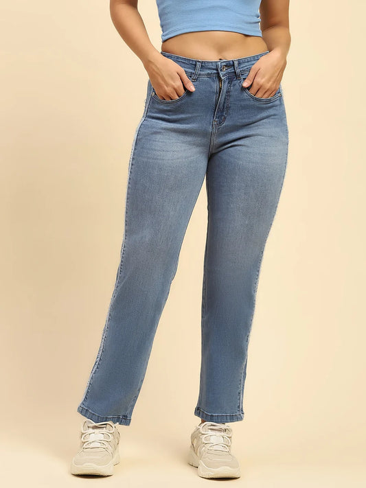 Fashion Forward Blue Cotton Straight Fit Jeans with Classic Blue Wash