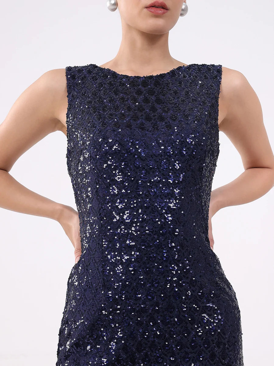 Trendy Stretch Sheath Dress in Navy with Sequins for Women Ideal for Weddings, Cocktail Events, and Evening Gatherings