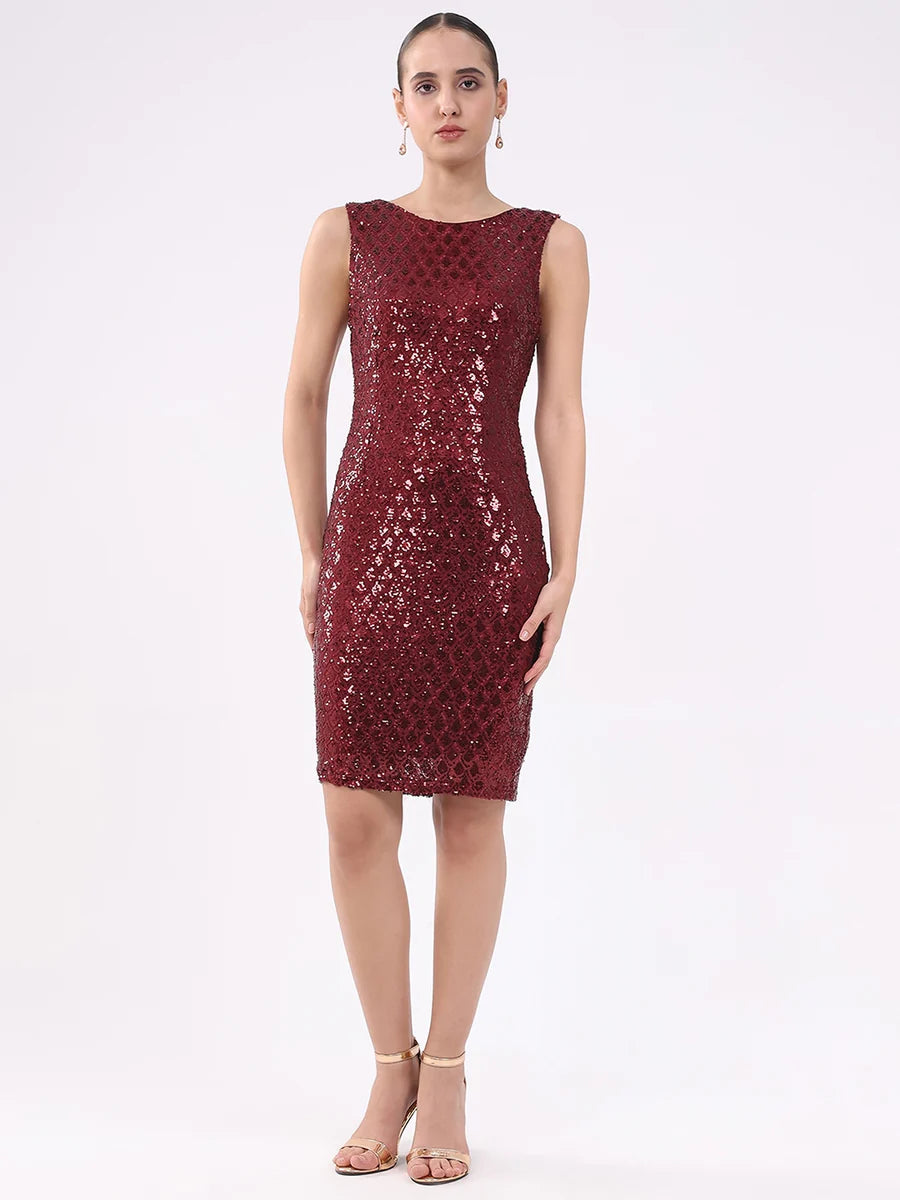 Women Sequined Stretch Sheath Dress in Wine Perfect for Cocktail Parties, Evening Functions, and Celebratory Events