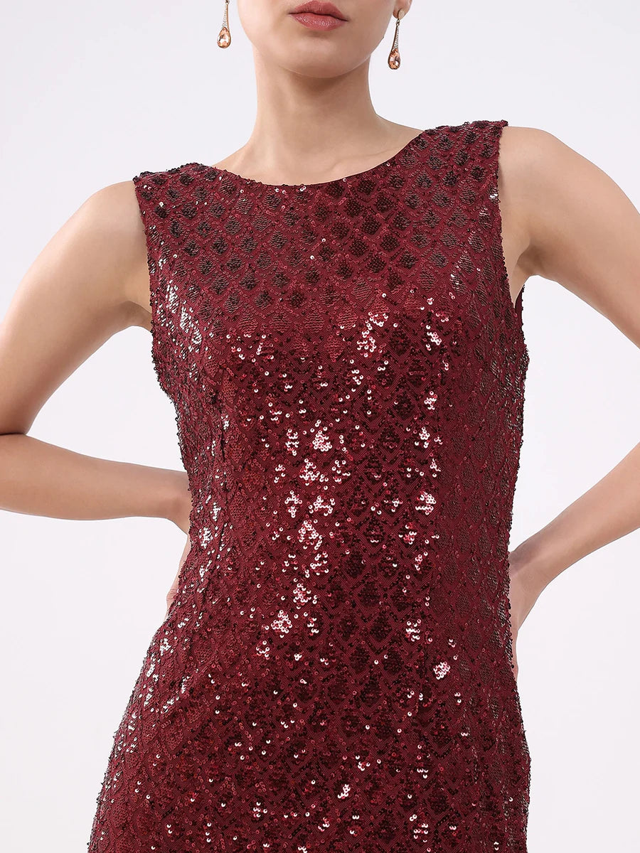 Women Sequined Stretch Sheath Dress in Wine Perfect for Cocktail Parties, Evening Functions, and Celebratory Events