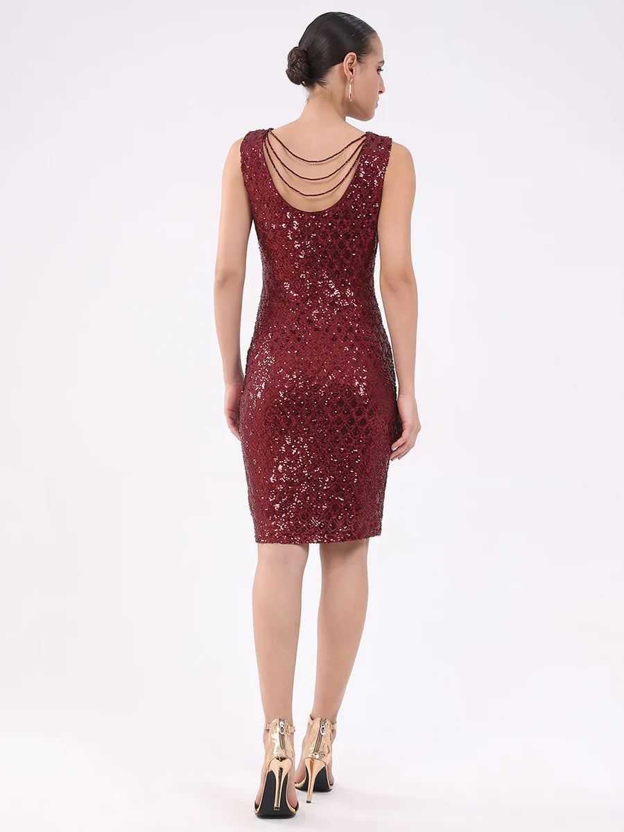 Women Sequined Stretch Sheath Dress in Wine Perfect for Cocktail Parties, Evening Functions, and Celebratory Events