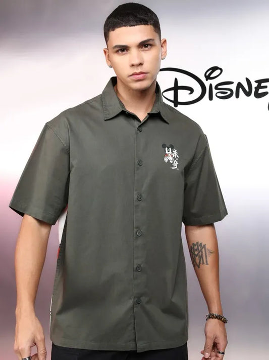 Trendy Highlander Men Olive Mickey Mouse Printed Oversized Fit Relaxed Casual Shirt