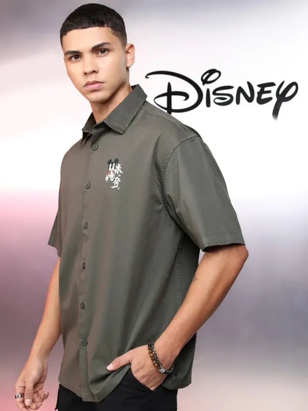 Trendy Highlander Men Olive Mickey Mouse Printed Oversized Fit Relaxed Casual Shirt