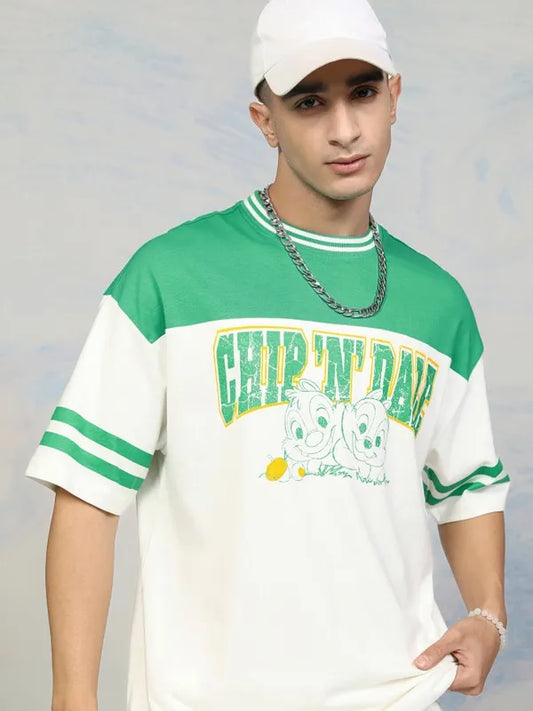 Comfortable Green Round Neck Oversized T Shirt for Men with Chip N Dale Cartoon Graphics