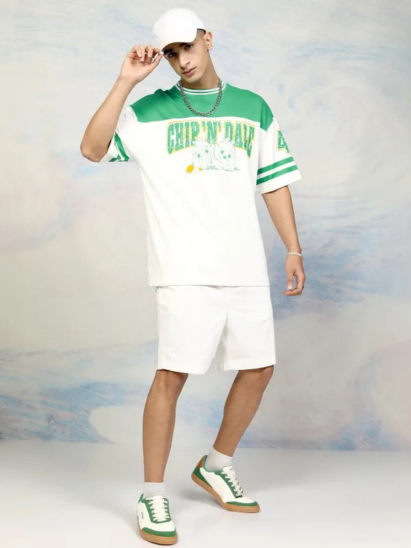 Comfortable Green Round Neck Oversized T Shirt for Men with Chip N Dale Cartoon Graphics