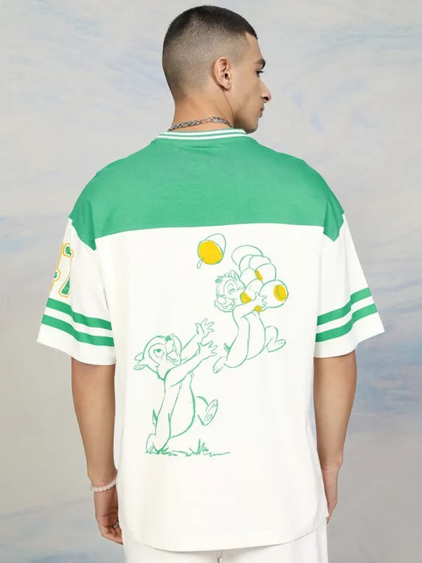 Comfortable Green Round Neck Oversized T Shirt for Men with Chip N Dale Cartoon Graphics