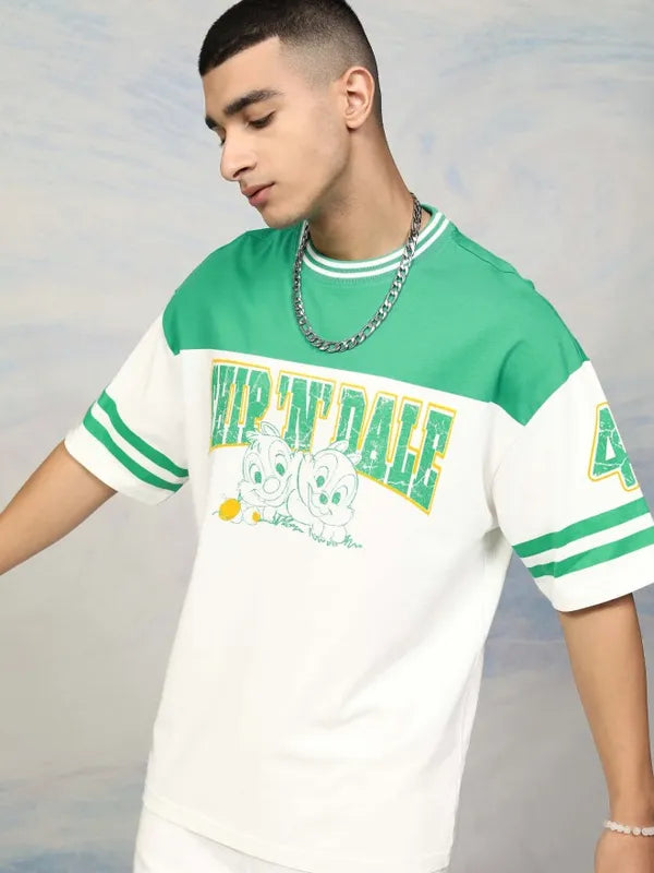 Comfortable Green Round Neck Oversized T Shirt for Men with Chip N Dale Cartoon Graphics
