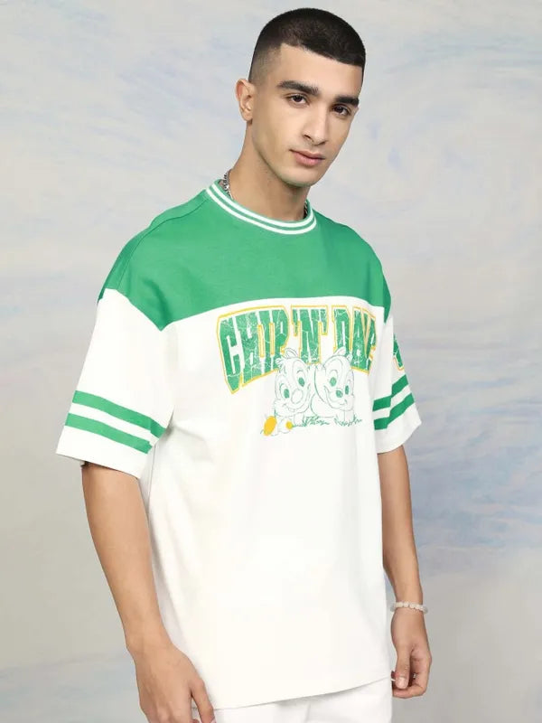 Comfortable Green Round Neck Oversized T Shirt for Men with Chip N Dale Cartoon Graphics