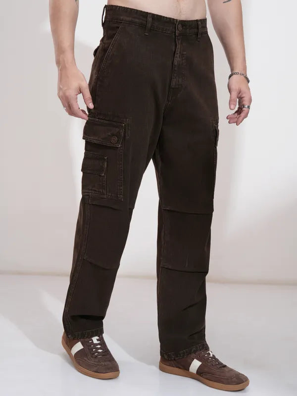 Fashionable Coffee Brown Straight Fit Stretchable Denim Pants for Men