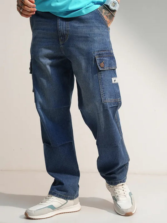 Relaxed Fit Blue Baggy Cargo Jeans for Men with Comfortable Stretch