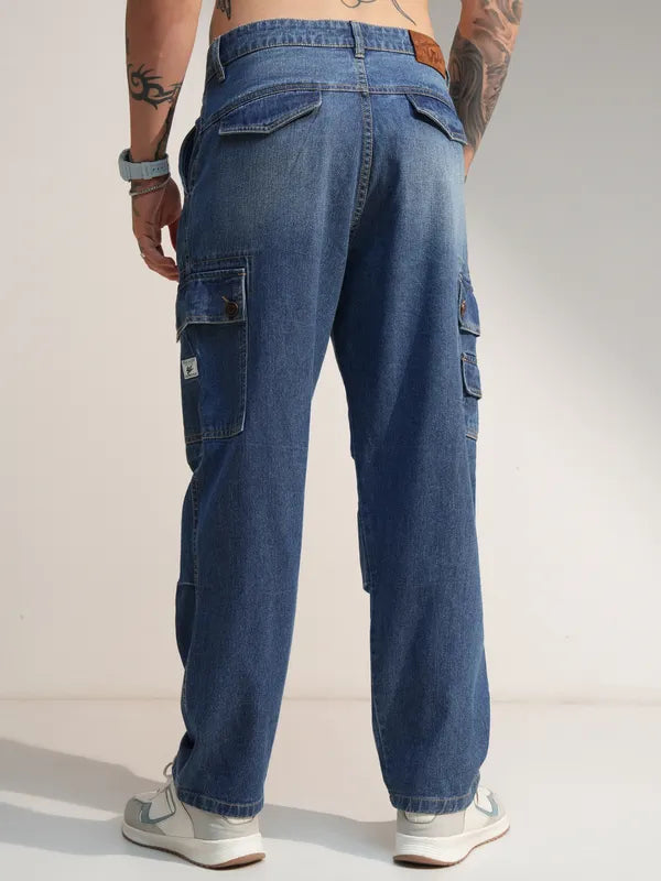 Relaxed Fit Blue Baggy Cargo Jeans for Men with Comfortable Stretch