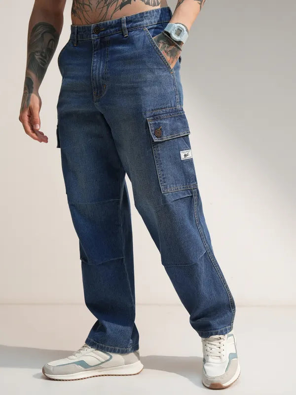 Relaxed Fit Blue Baggy Cargo Jeans for Men with Comfortable Stretch