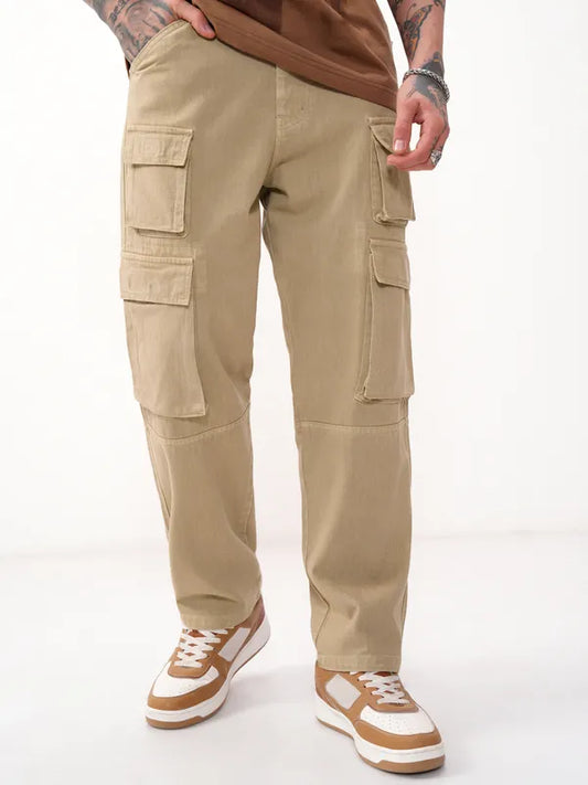 Streetwear-Inspired Men’s Khaki Stretchable Baggy Jeans with Soft Fabric