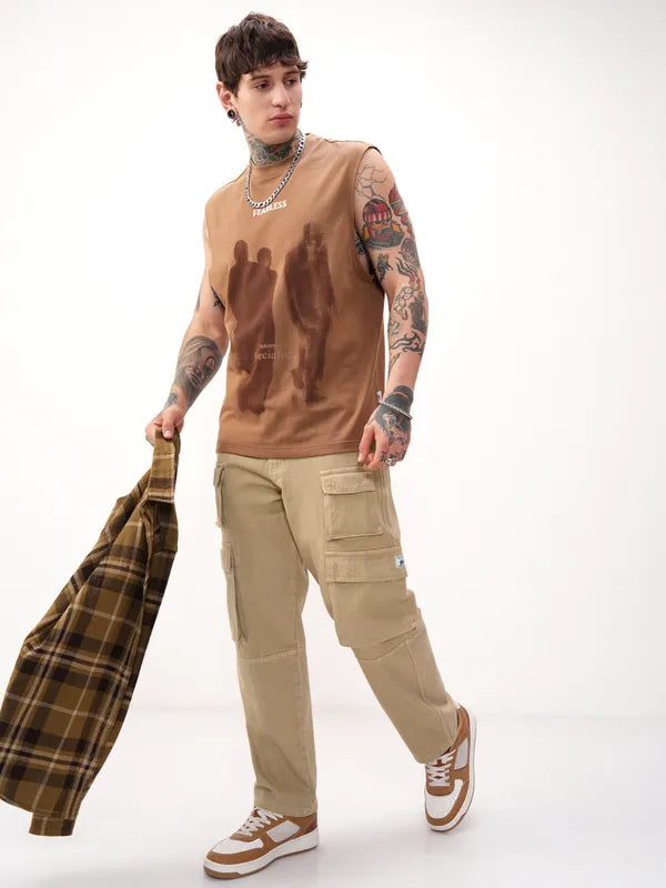 Streetwear-Inspired Men’s Khaki Stretchable Baggy Jeans with Soft Fabric