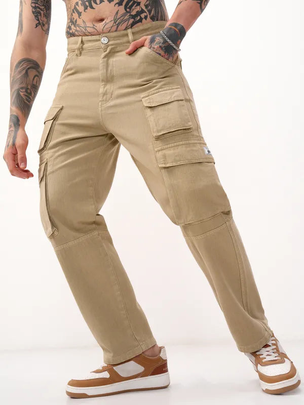 Streetwear-Inspired Men’s Khaki Stretchable Baggy Jeans with Soft Fabric