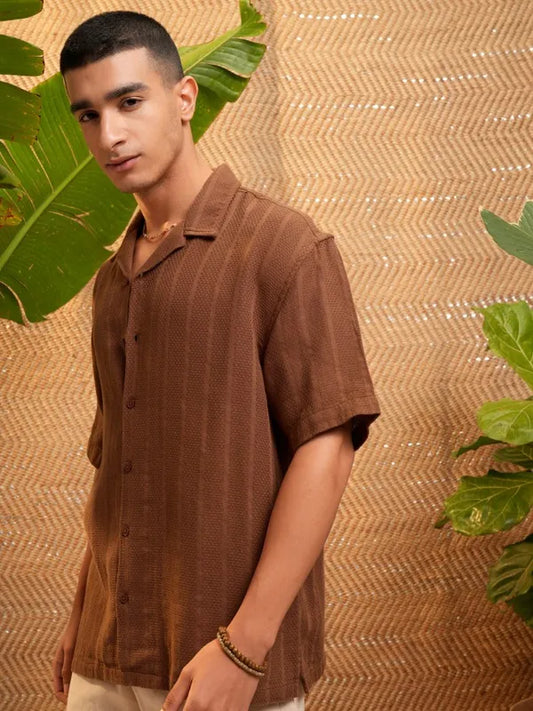Brown Solid Casual Shirt Men Oversized Fit Relaxed Summer Top