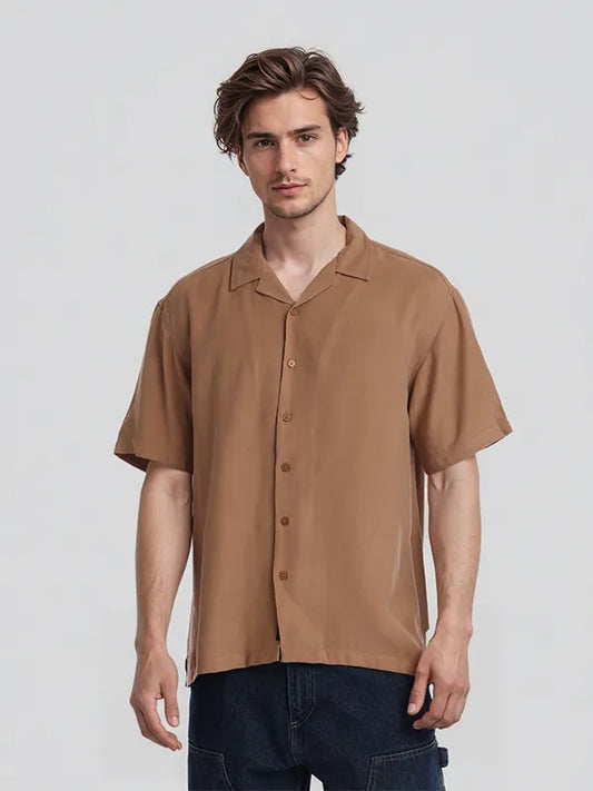 Trendy Men Rust Solid Relaxed Fit Casual Shirt with Full Sleeves
