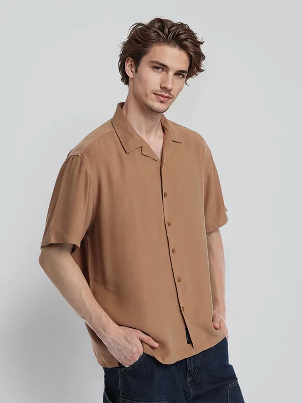 Trendy Men Rust Solid Relaxed Fit Casual Shirt with Full Sleeves
