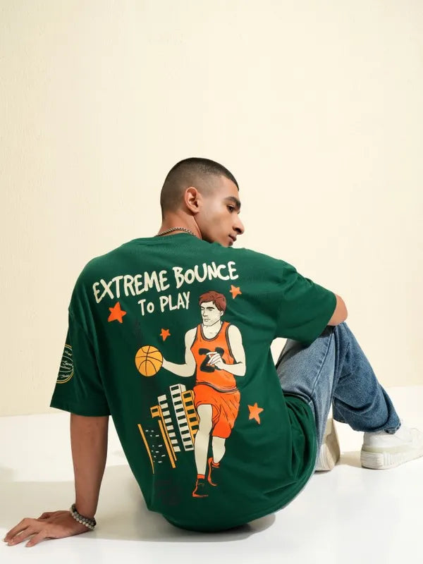Fashionable Men Green Printed Oversized Fit T Shirt Ideal for Layering, Casual Streetwear, and Lounge Outfits