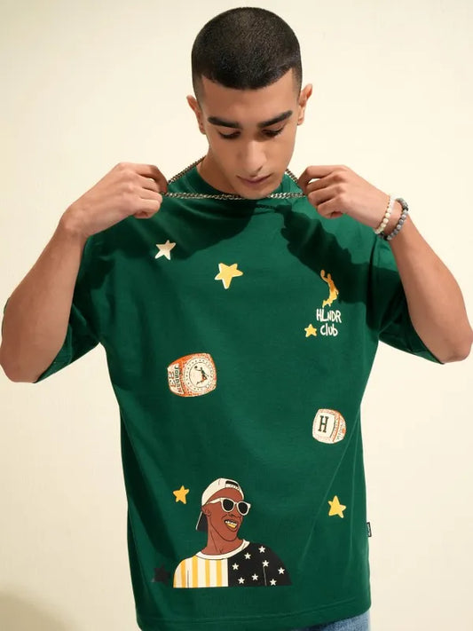 Fashionable Men Green Printed Oversized Fit T Shirt Ideal for Layering, Casual Streetwear, and Lounge Outfits