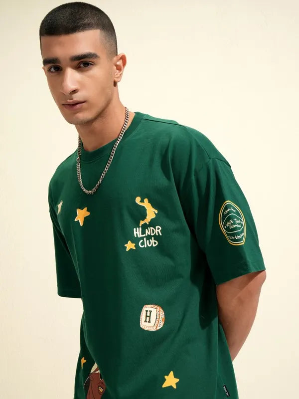 Fashionable Men Green Printed Oversized Fit T Shirt Ideal for Layering, Casual Streetwear, and Lounge Outfits