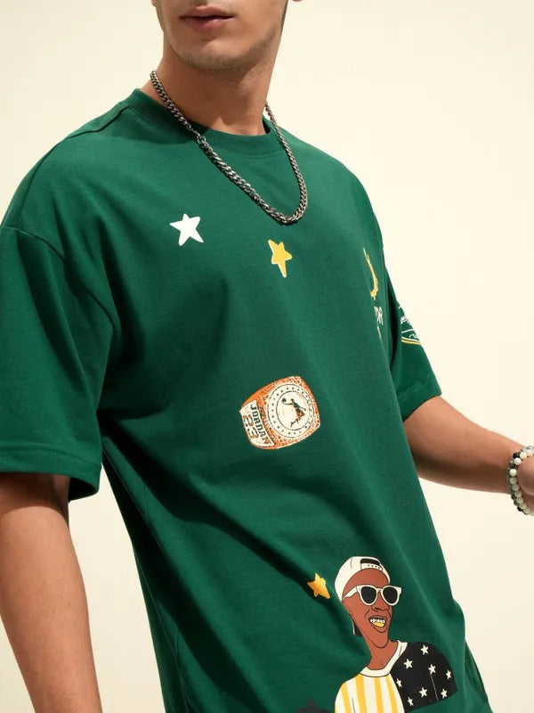 Fashionable Men Green Printed Oversized Fit T Shirt Ideal for Layering, Casual Streetwear, and Lounge Outfits