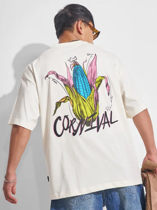 Off White Printed Round Neck Oversized T-Shirt Men’s Casual, Travel, and Party Wear