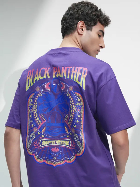 Purple Black Panther Printed Oversized Round Neck T-Shirt Men’s Trendy Streetwear Look