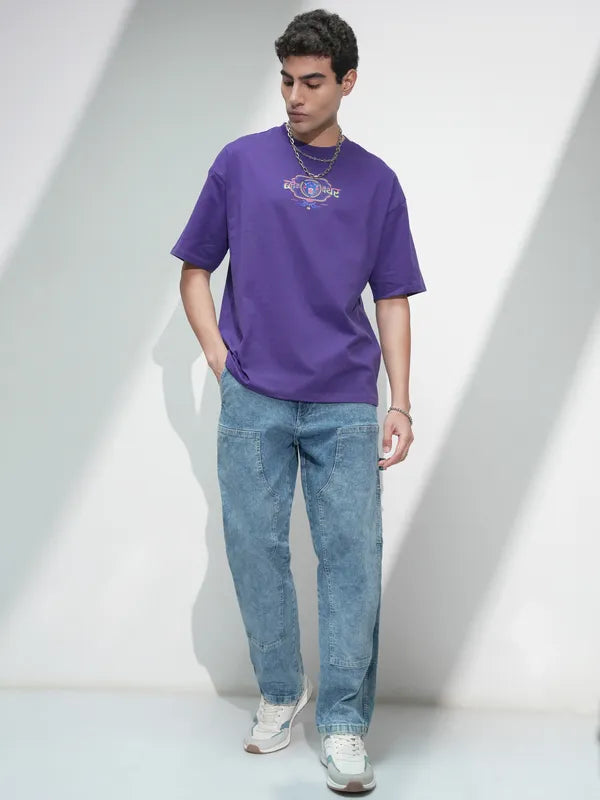 Purple Black Panther Printed Oversized Round Neck T-Shirt Men’s Trendy Streetwear Look