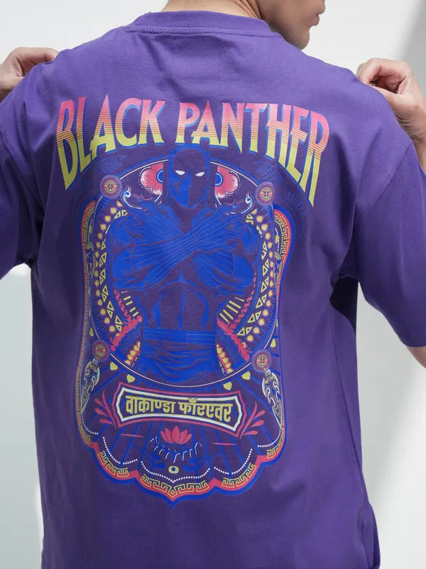 Purple Black Panther Printed Oversized Round Neck T-Shirt Men’s Trendy Streetwear Look