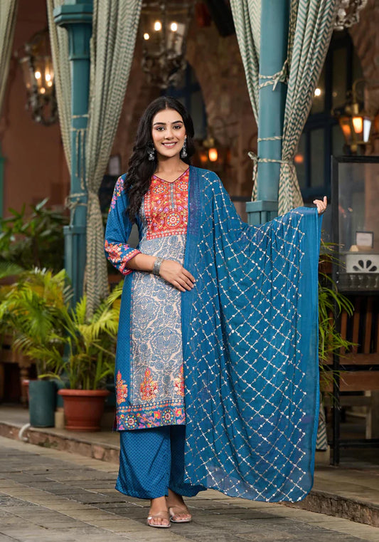 Classic Blue Floral Printed Viscose Kurta Pant and Dupatta Set with Sequins for Traditional Wear
